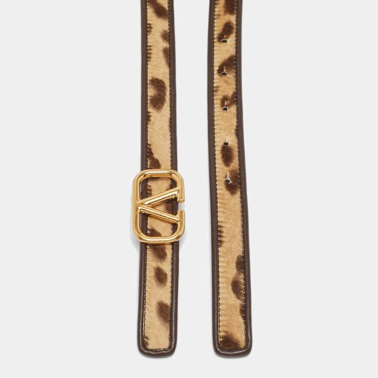 Pre Owned Valentino Brown/Beige Leopard Print Calfhair and Leather VLogo Slim Reversible Belt 90CM