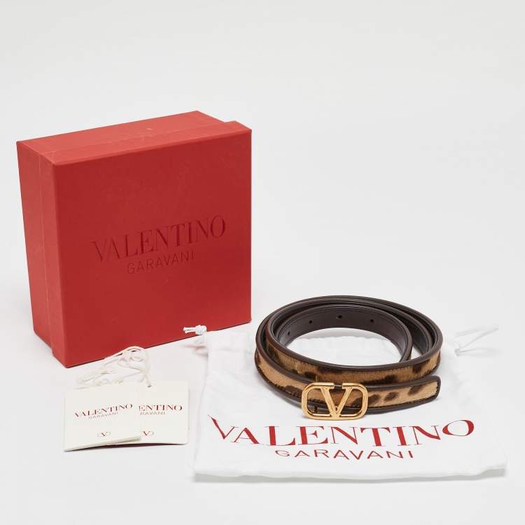 Pre Owned Valentino Brown/Beige Leopard Print Calfhair and Leather VLogo Slim Reversible Belt 90CM
