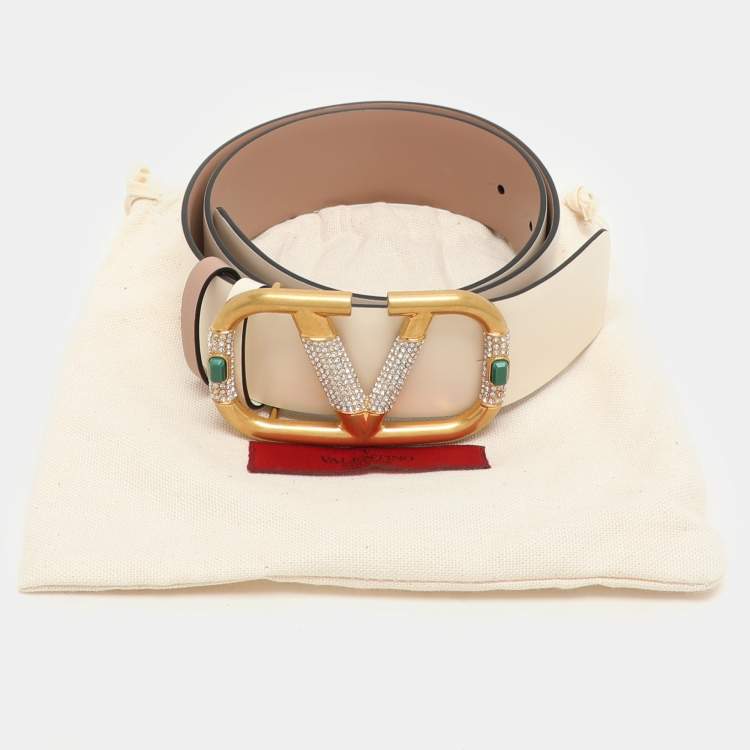 مملوكة مسبقًا Valentino Cream Leather VLOGO Crystal  Embellished Buckle Belt 70CM