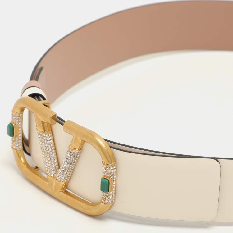 مملوكة مسبقًا Valentino Cream Leather VLOGO Crystal  Embellished Buckle Belt 70CM