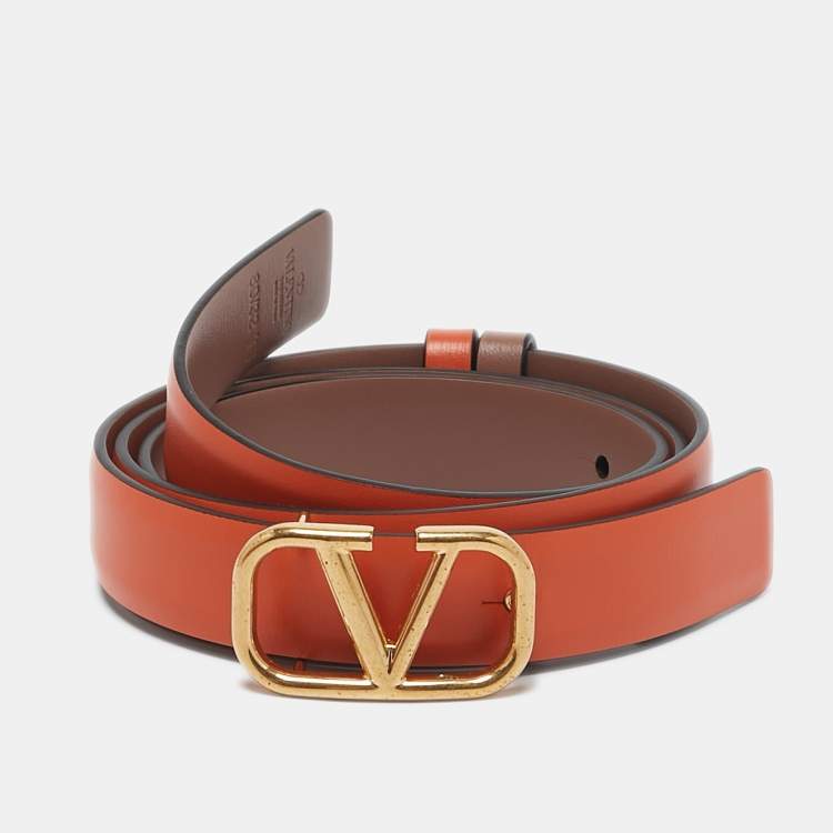 Pre Owned Valentino Orange/Beige Leather Vlogo Slim Buckle Belt 80CM