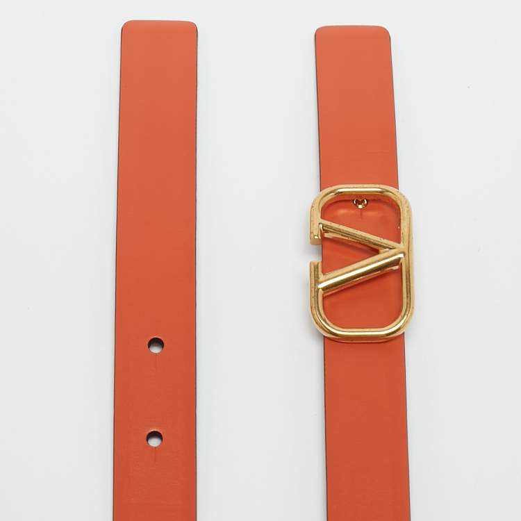 Pre Owned Valentino Orange/Beige Leather Vlogo Slim Buckle Belt 80CM