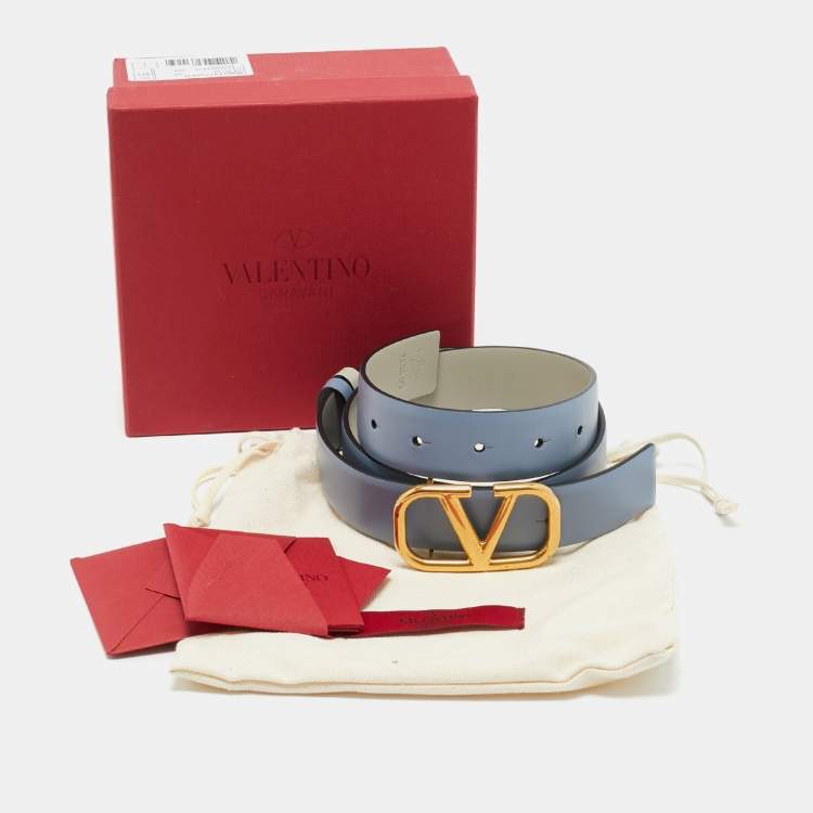 Pre Owned Valentino Blue/Grey Leather VLogo Reversible Waist Belt Size 75 CM