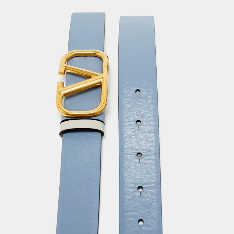 Pre Owned Valentino Blue/Grey Leather VLogo Reversible Waist Belt Size 75 CM