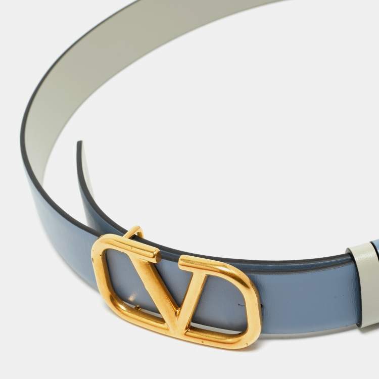 Pre Owned Valentino Blue/Grey Leather VLogo Reversible Waist Belt Size 75 CM