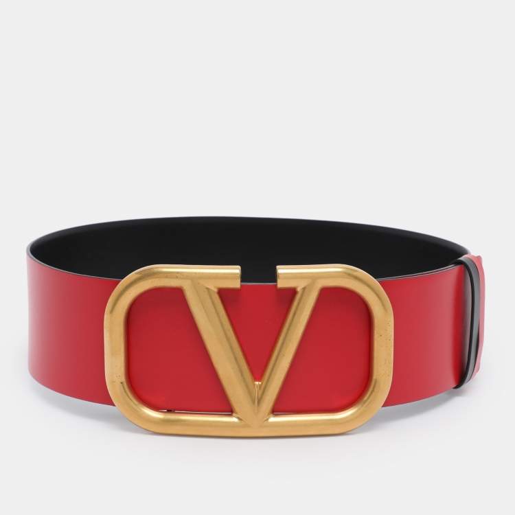 Pre Owned Valentino Black/Red Leather VLogo Wide Waist Belt 70CM