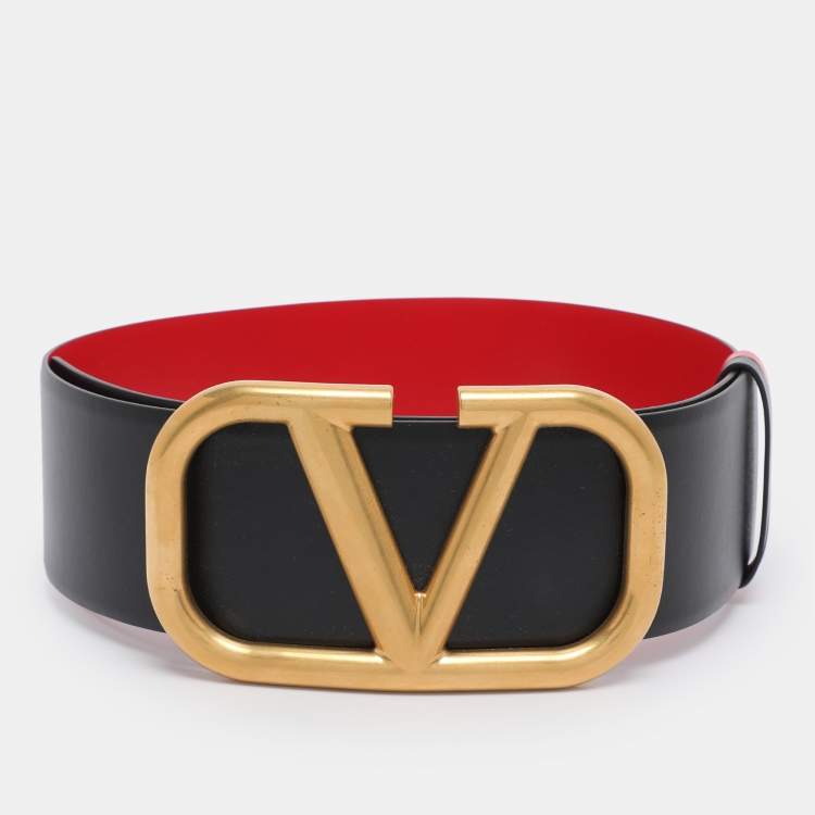 Pre Owned Valentino Black/Red Leather VLogo Wide Waist Belt 70CM