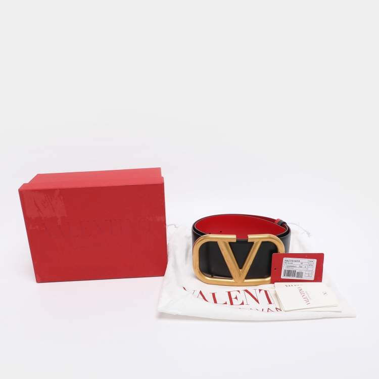 Pre Owned Valentino Black/Red Leather VLogo Wide Waist Belt 70CM