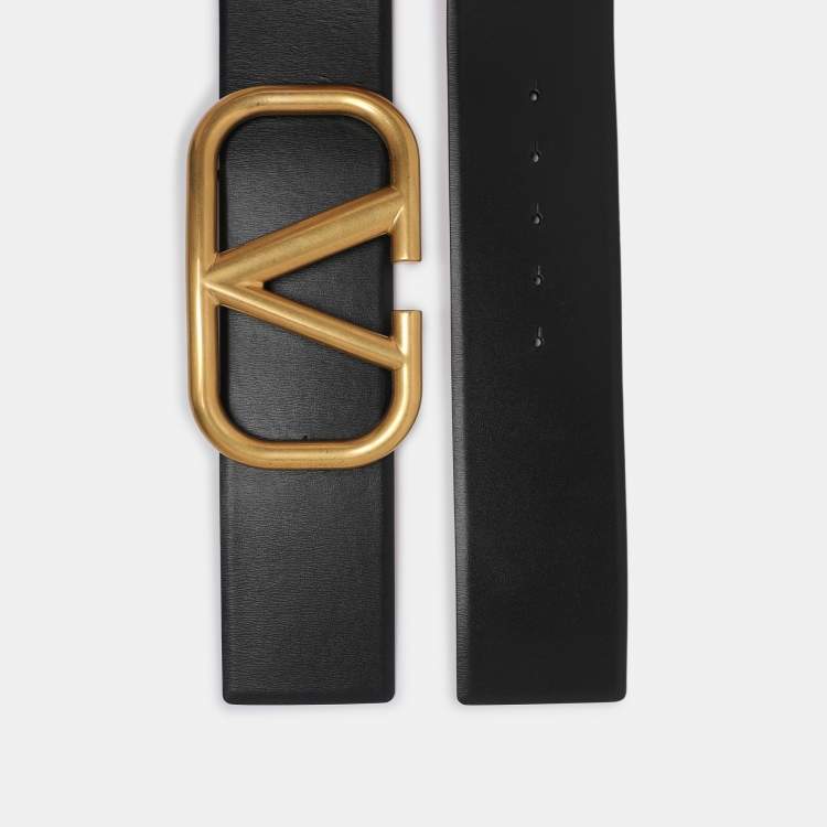 Pre Owned Valentino Black/Red Leather VLogo Wide Waist Belt 70CM