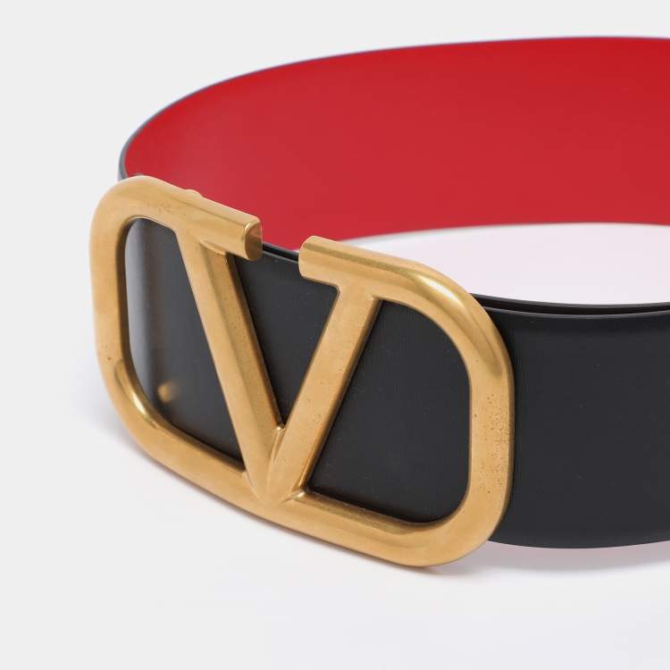 Pre Owned Valentino Black/Red Leather VLogo Wide Waist Belt 70CM