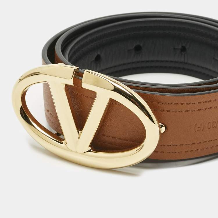 Pre Owned Valentino Brown/Black Leather VLogo Buckle Reversible Belt 75 CM