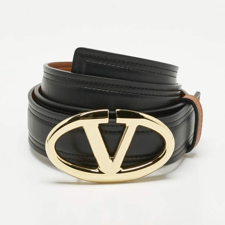 Pre Owned Valentino Brown/Black Leather VLogo Buckle Reversible Belt 75 CM