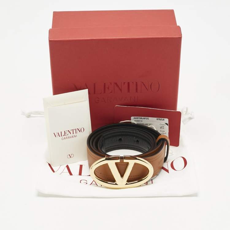 Pre Owned Valentino Brown/Black Leather VLogo Buckle Reversible Belt 75 CM
