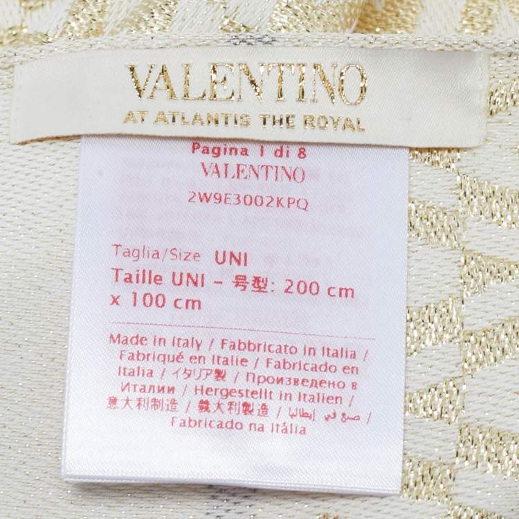 Pre Owned Valentino Gold Monogram Lurex Jacquard Fringed Scarf 