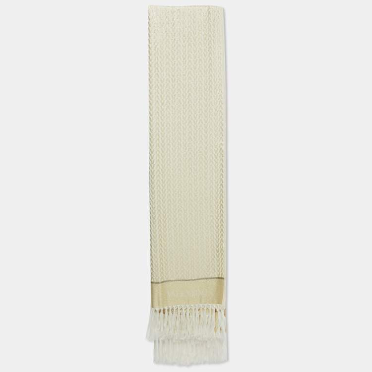 Pre Owned Valentino Gold Monogram Lurex Jacquard Fringed Scarf 