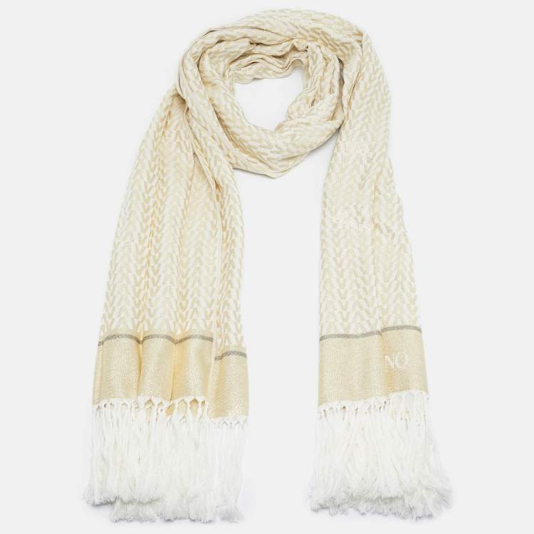 Pre Owned Valentino Gold Monogram Lurex Jacquard Fringed Scarf 