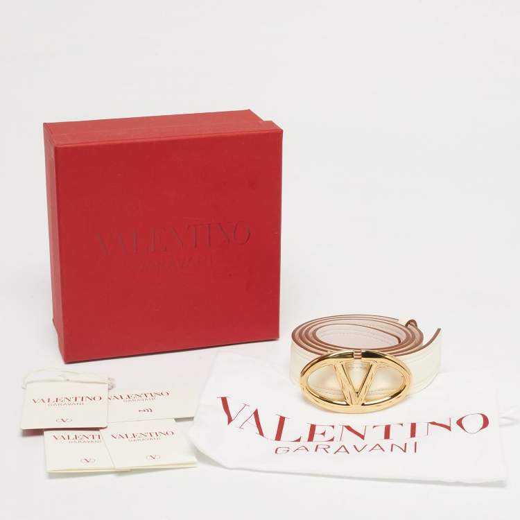 Pre Owned Valentino Cream/Pink Leather VLogo Buckle Reversible Belt 75 CM