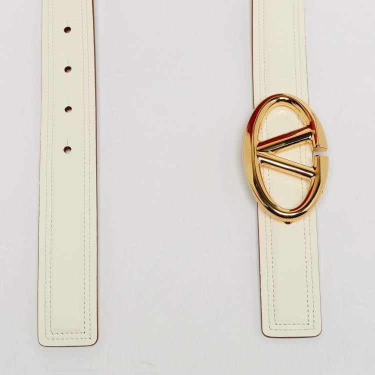 Pre Owned Valentino Cream/Pink Leather VLogo Buckle Reversible Belt 75 CM