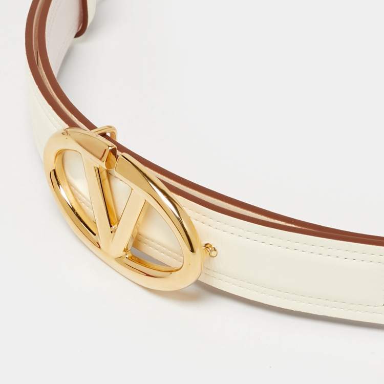 Pre Owned Valentino Cream/Pink Leather VLogo Buckle Reversible Belt 75 CM