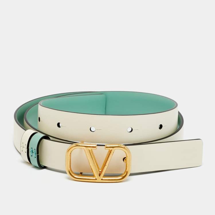 Pre Owned Valentino VLogo 75 CM Reversible Slim Belt Mint Green/Cream Leather