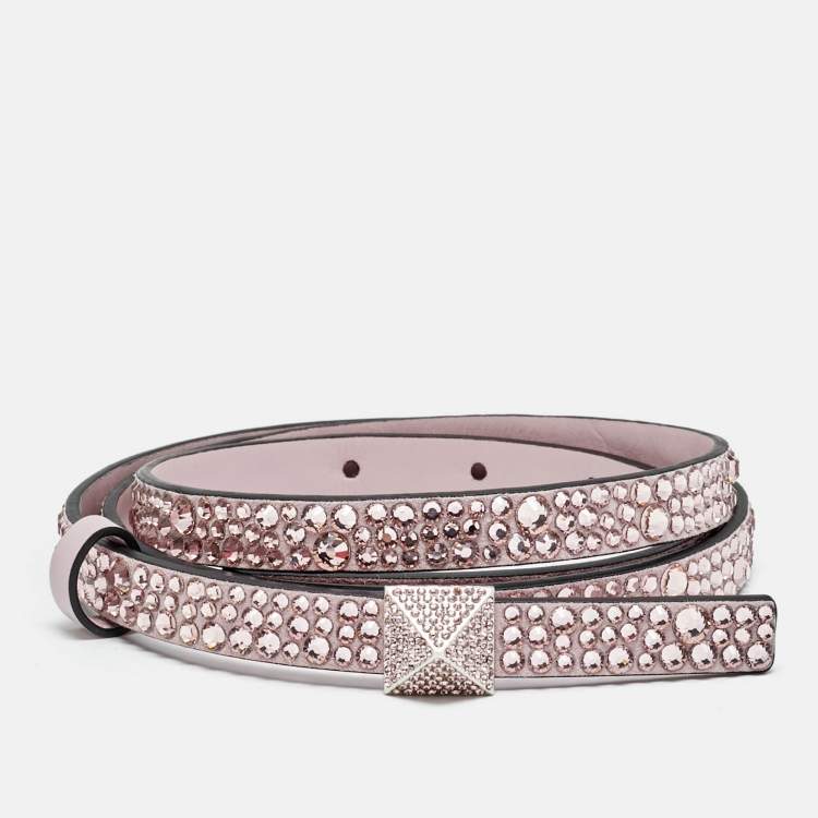 Pre Owned Valentino One Stud Crystal Embellished 90 CM Waist Belt Pink Leather