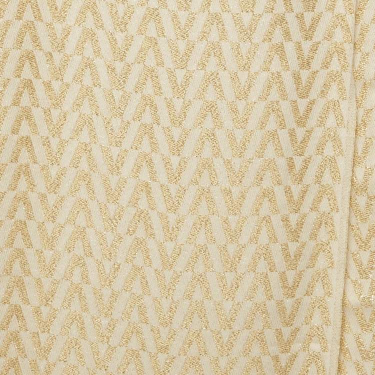 Pre Owned Valentino Gold/Ivory V Logo Lurex Cotton Fringed Shawl