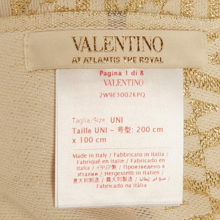 Pre Owned Valentino Gold/Ivory V Logo Lurex Cotton Fringed Shawl