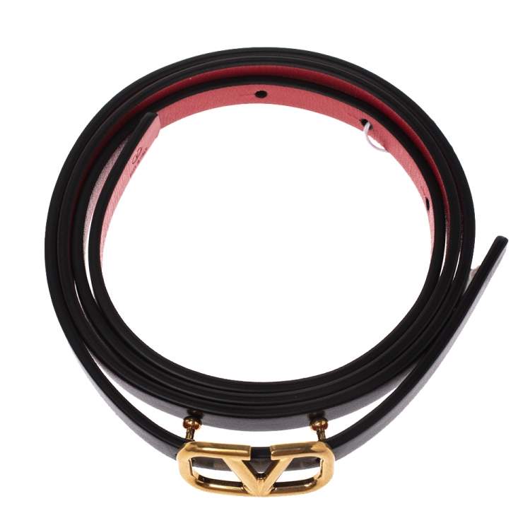 Pre Owned Valentino Black/Red Leather Reversible Narrow V Logo Belt 70CM