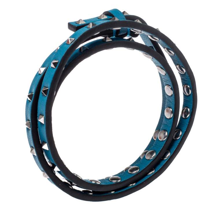 Pre Owned Valentino Blue Leather Mini Rockstud Gunmetal Tone Triple Wrap Bracelet