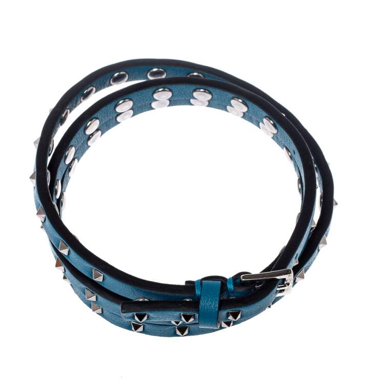 Pre Owned Valentino Blue Leather Mini Rockstud Gunmetal Tone Triple Wrap Bracelet