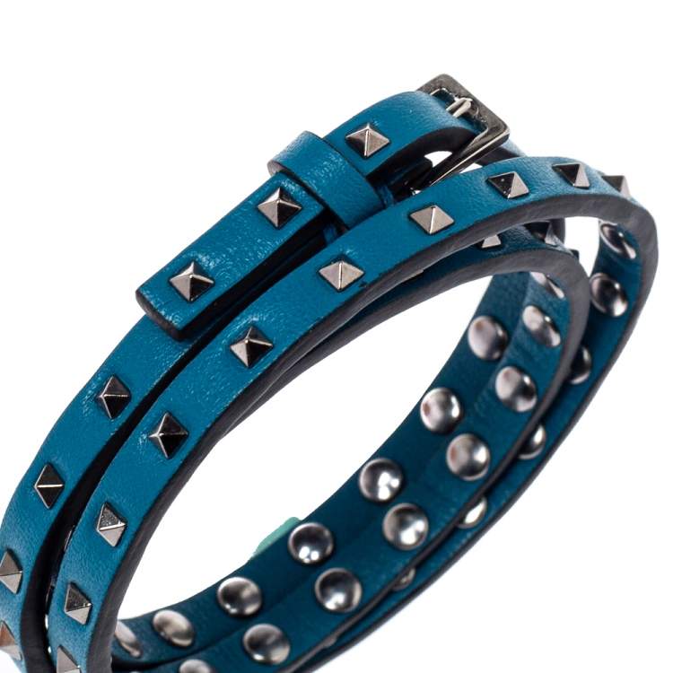 Pre Owned Valentino Blue Leather Mini Rockstud Gunmetal Tone Triple Wrap Bracelet