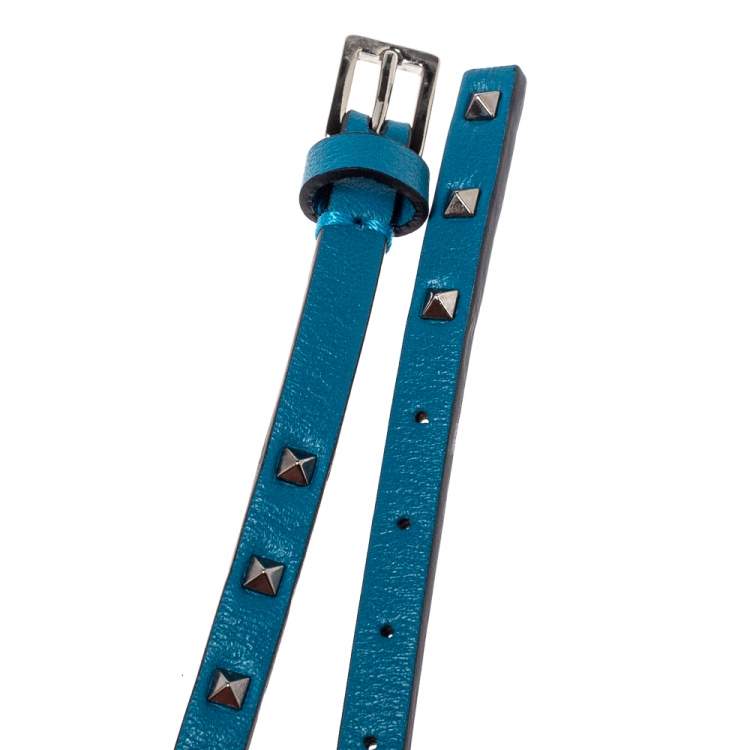 Pre Owned Valentino Blue Leather Mini Rockstud Gunmetal Tone Triple Wrap Bracelet