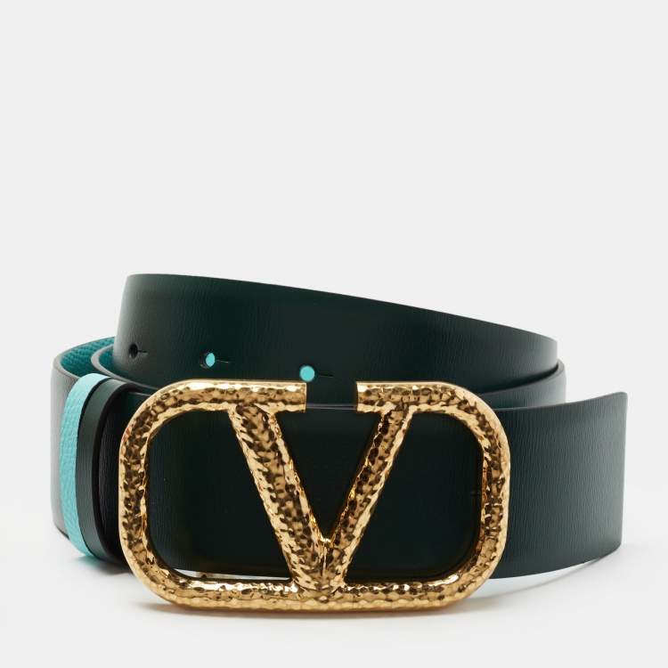 Valentino Green/Turquoise Leather VLogo Reversible Belt 85 CM