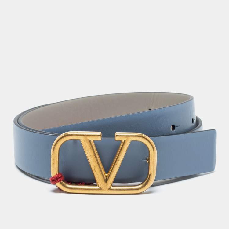 Valentino Light Blue/Grey Leather VLogo Belt 75 CM Valentino | The ...