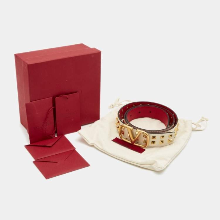 Pre Owned Valentino Beige/Red Leather VLogo Rockstud Belt 80CM