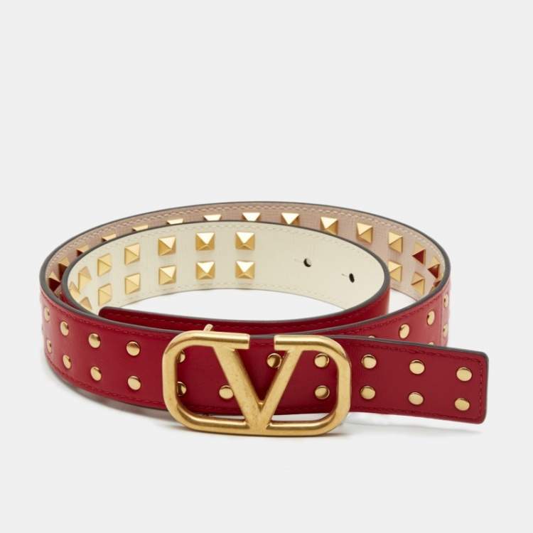 مملوكة مسبقًا Valentino White/Red Leather VLogo Rockstud Reversible Belt 85CM