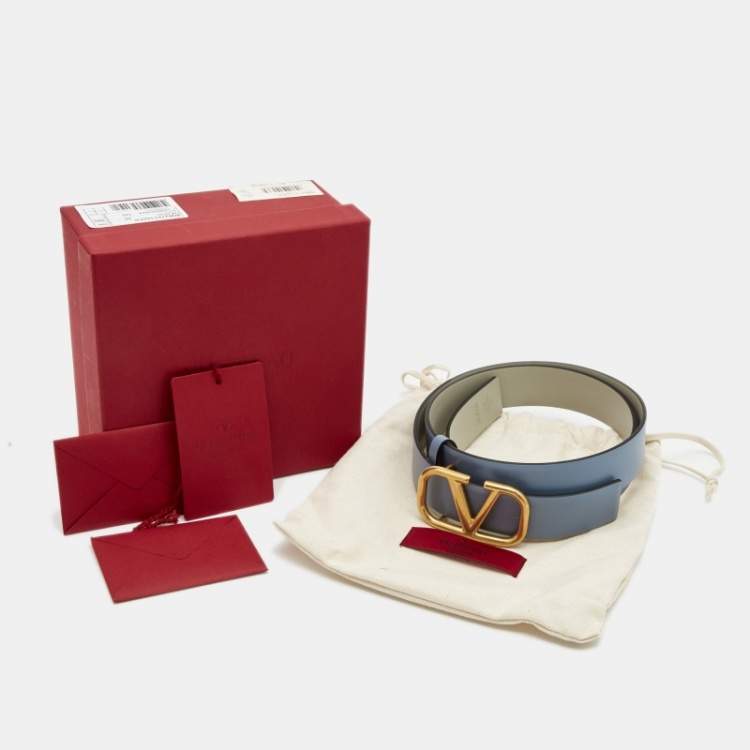 Pre Owned Valentino Blue/Grey Leather VLogo Reversible Buckle Belt 80CM