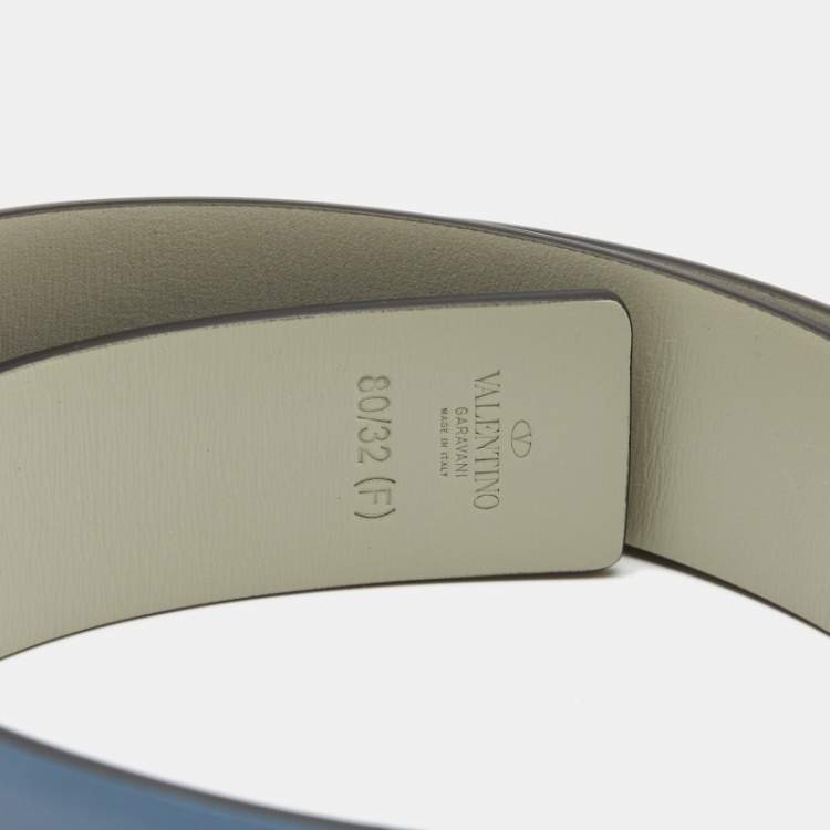 Pre Owned Valentino Blue/Grey Leather VLogo Reversible Buckle Belt 80CM