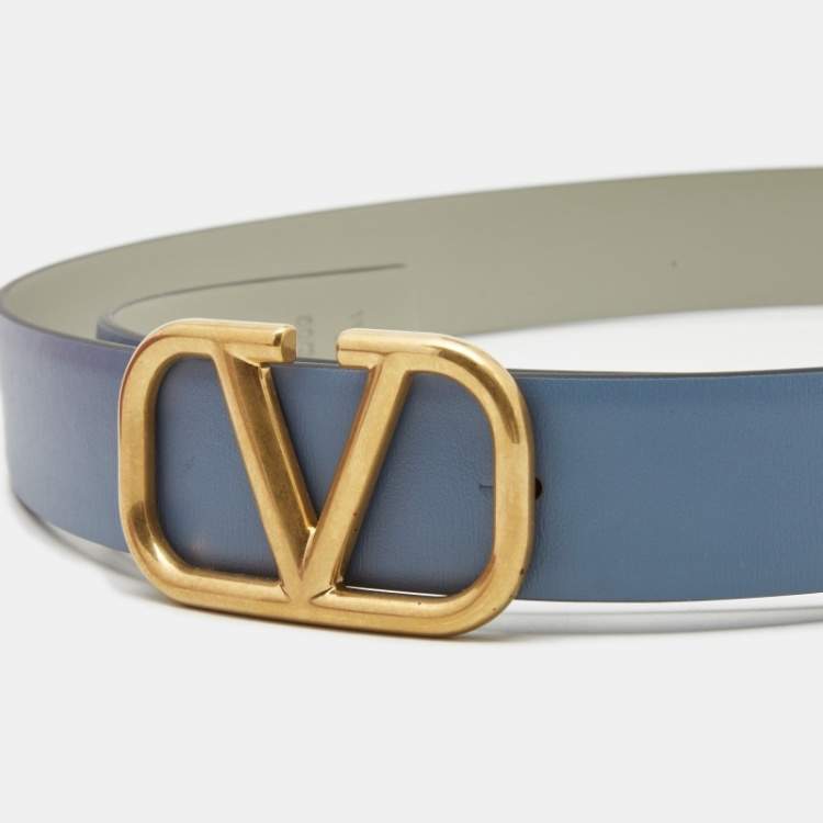 Pre Owned Valentino Blue/Grey Leather VLogo Reversible Buckle Belt 80CM