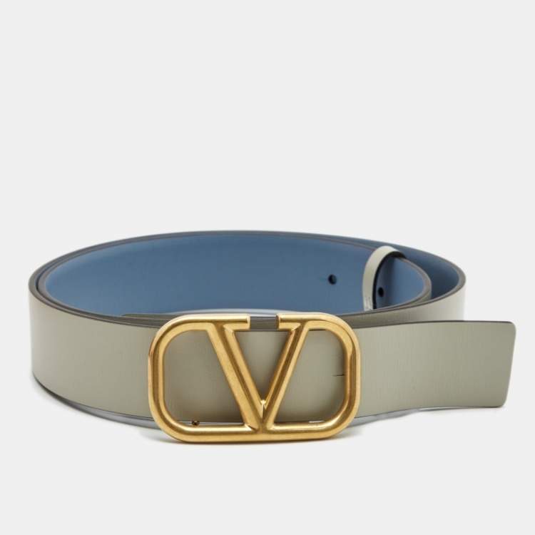 Pre Owned Valentino Blue/Grey Leather VLogo Reversible Buckle Belt 80CM