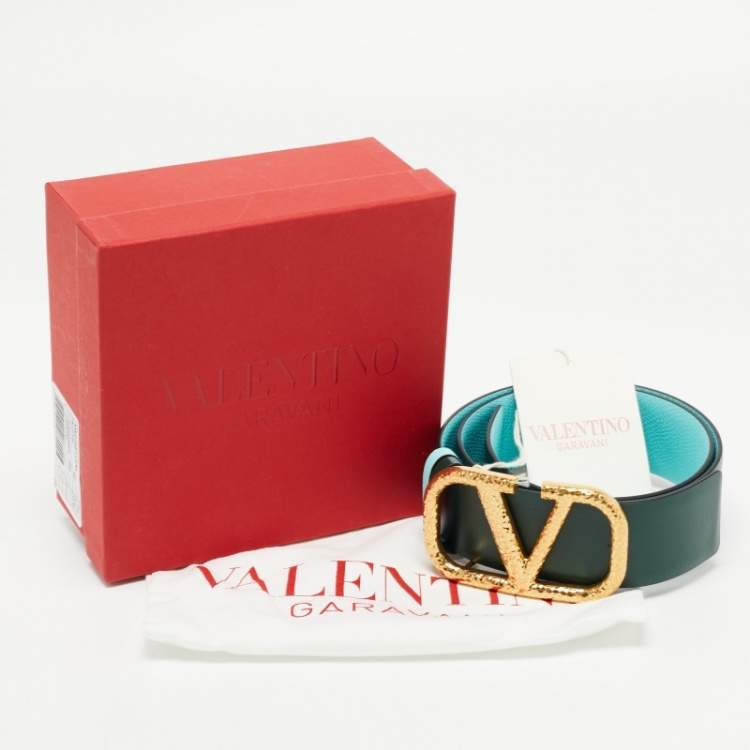 مملوكة مسبقًا Valentino Blue/Green Leather VLogo Reversible Buckle Belt 70CM