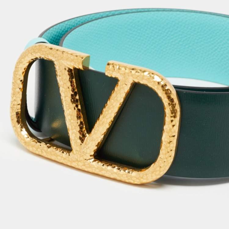 مملوكة مسبقًا Valentino Blue/Green Leather VLogo Reversible Buckle Belt 70CM