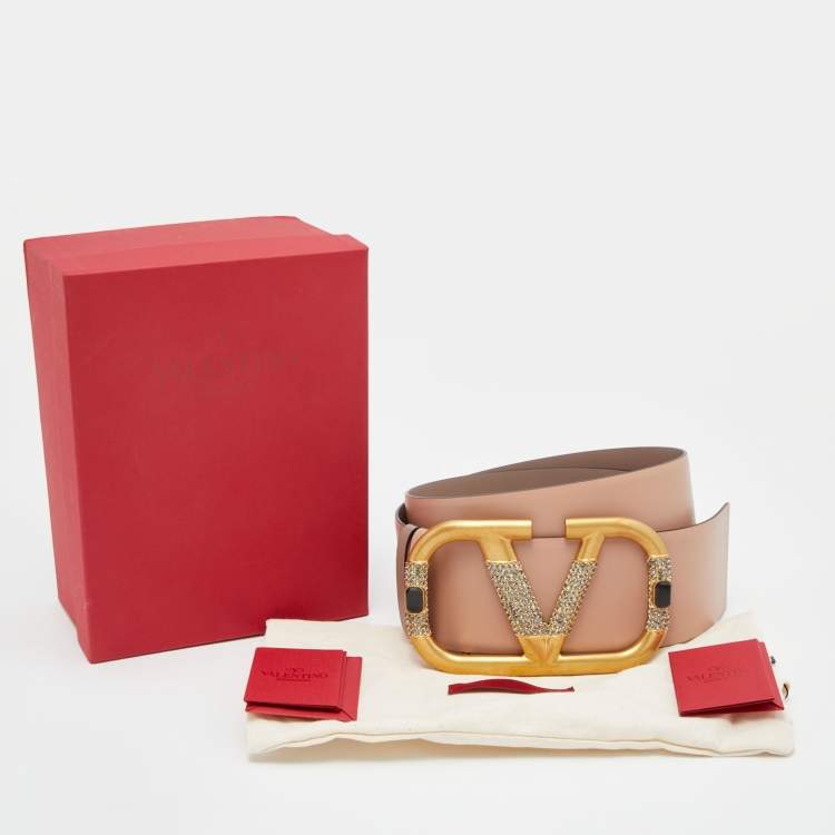 مملوكة مسبقًا Valentino Beige/Grey Leather Crystal Embellished V Logo Reversible Belt 95 CM