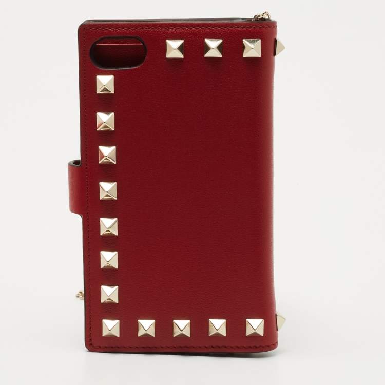 Pre Owned Valentino Red Leather Rockstud Chain Phone Case