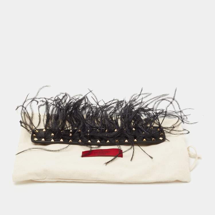 Pre Owned Valentino Black Leather And Ostrich Feather Rockstud Handle Strap