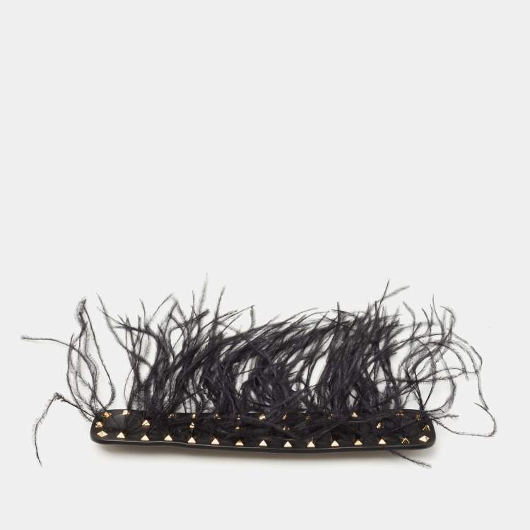 Pre Owned Valentino Black Leather And Ostrich Feather Rockstud Handle Strap