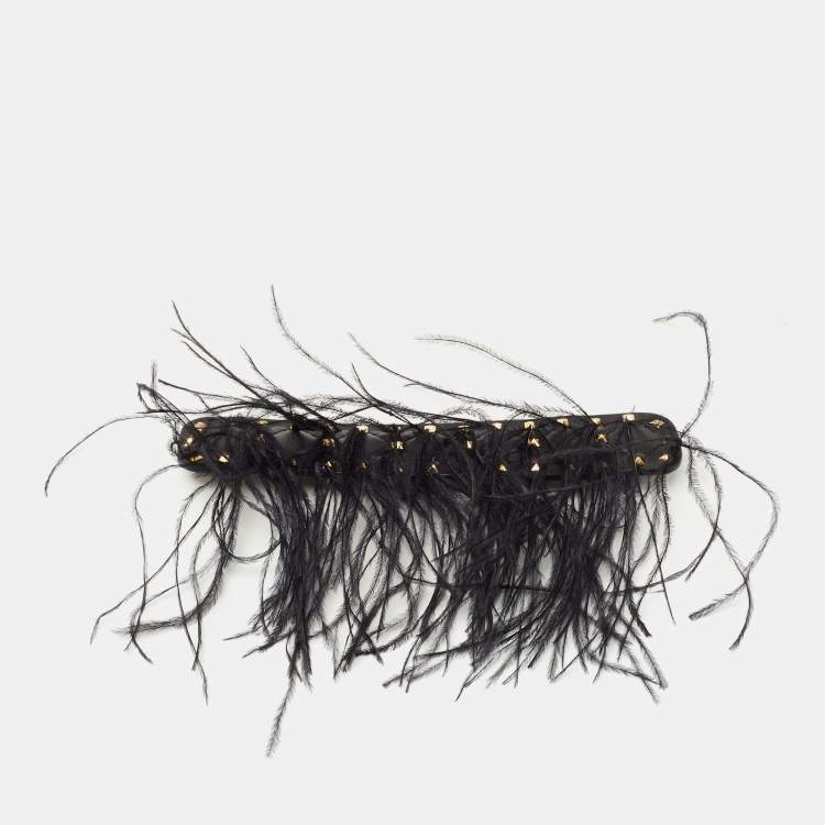Pre Owned Valentino Black Leather And Ostrich Feather Rockstud Handle Strap
