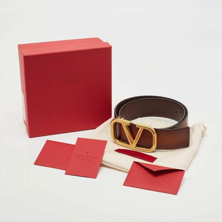 Pre Owned Valentino Brown Ombre Leather VLogo Buckle Belt 70CM