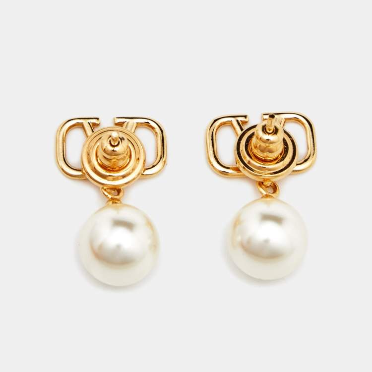 Pre Owned Valentino VLogo Signature Faux Pearl Gold Tone Drop Earrings