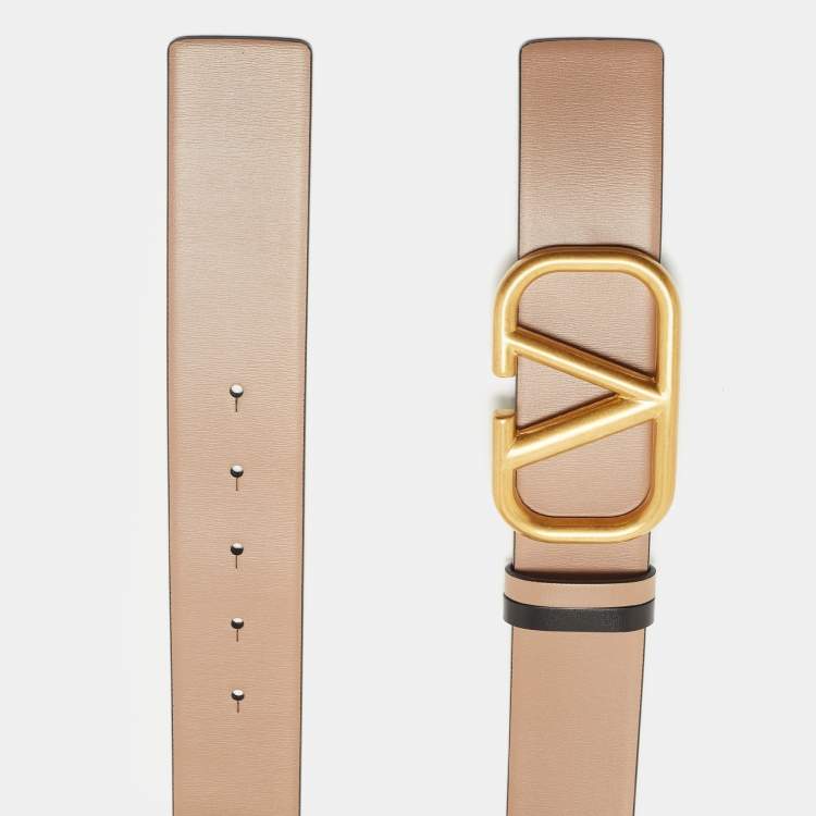 Pre Owned Valentino Beige/Black Leather VLogo Reversible Waist Belt 75CM